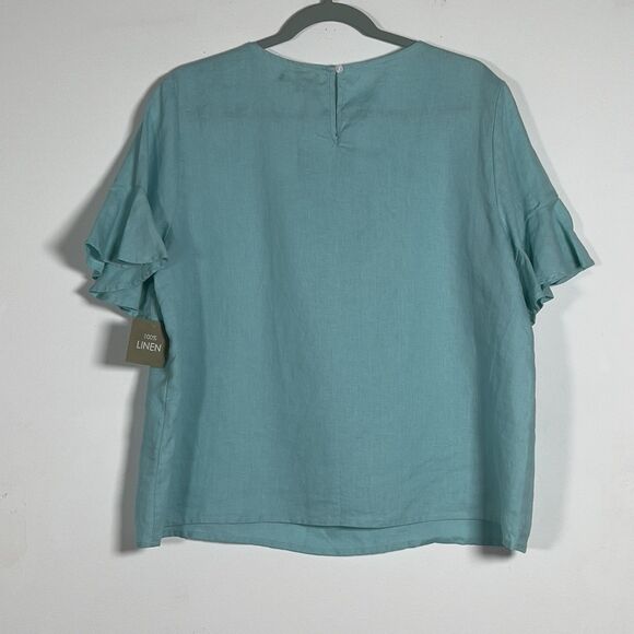 For Cynthia 100% Linen Top Womens Sz XL Turquoise Flutter Short Sleeves - Picture 2 of 10